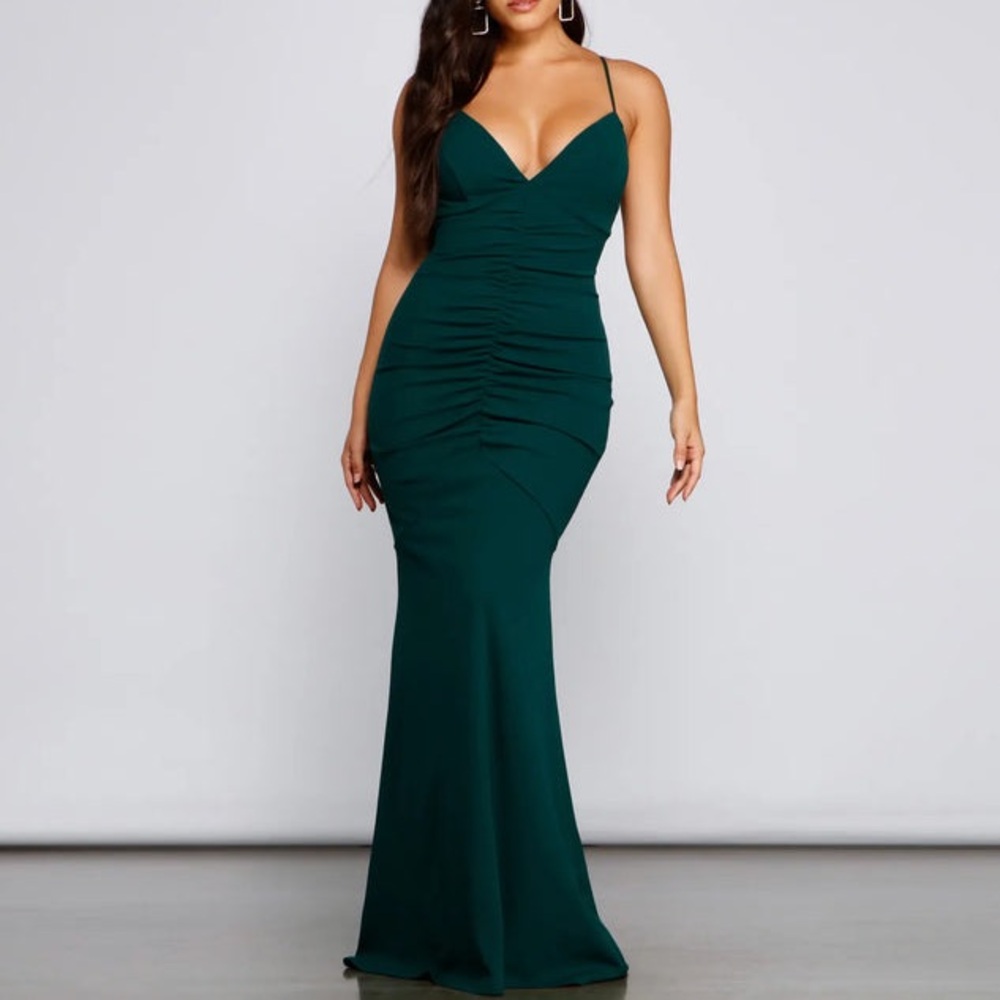 Bianca Ruched Mermaid Formal Dress - Dark Green Size S